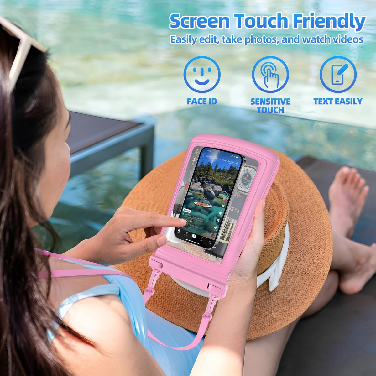 2L Floating Waterproof Phone Pouch for Up to 7.5", Large Space Adjustable Neck Lanyard Waterproof Bag. Dry Bag for Family Vacations, Beach, Pools, Kayaking, Cruises (Pink)