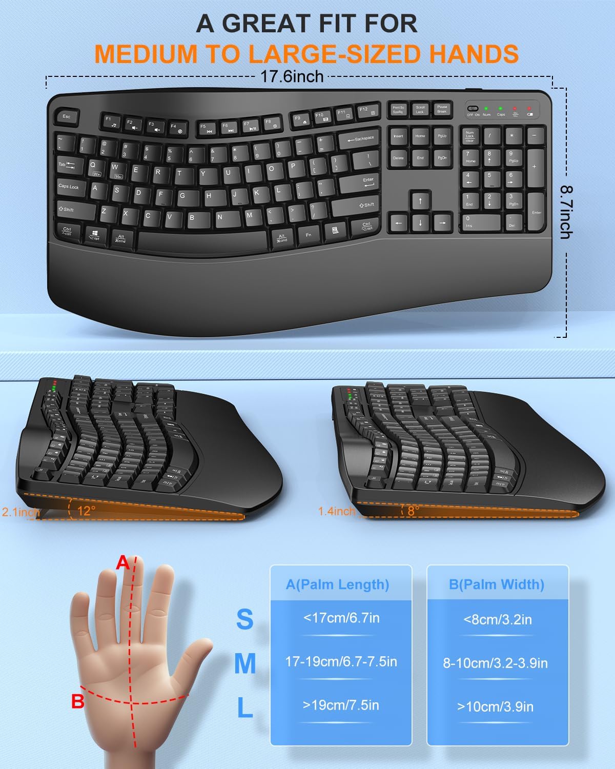 EDJO Ergonomic Wireless Keyboard for Large Hands, with Wrist Rest, Wave Keys, 2.4GHz Full Size Ergo Cordless USB Computer Keyboard, Comfortable Natural Typing, for Laptop, Mac, Windows (Black)