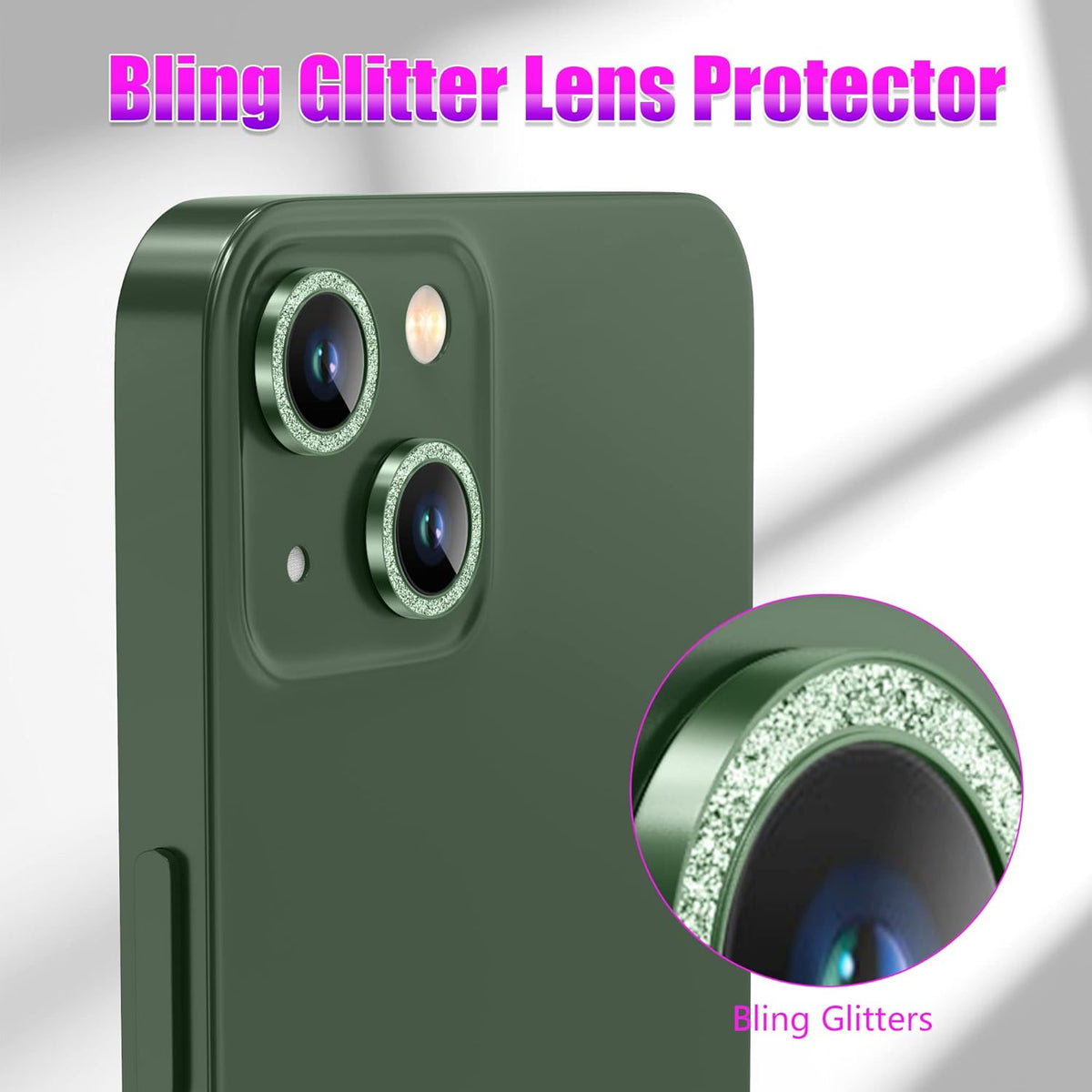 AGVEE 3+3 6 Pack for iPhone 13 6.1 inch / 13 Mini 5.4 inch Camera Lens Cover Protector, Bling Diamond & Bling Glitter Metal Ring 9H Tempered HD Glass Camera Cover Protector Film, Bling-Green