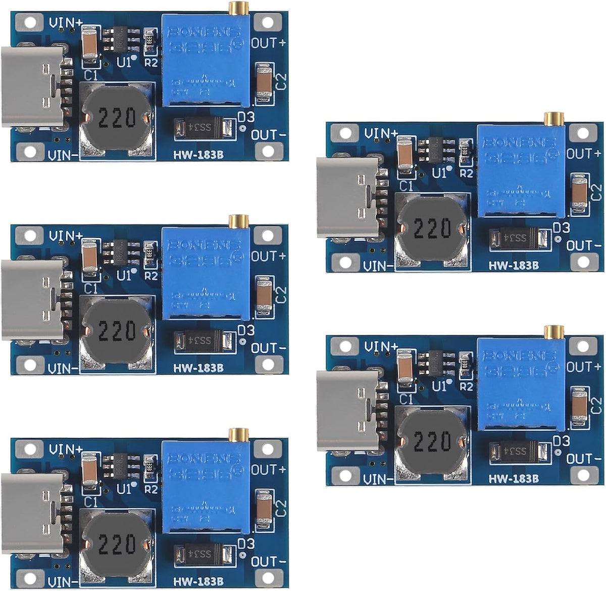 AITRIP 5pcs MT3608 2A 2V-24V 5V 9V 12V 28V Type-C DC-DC Adjustable Boost Module DC DC Boost Step up Converter Module