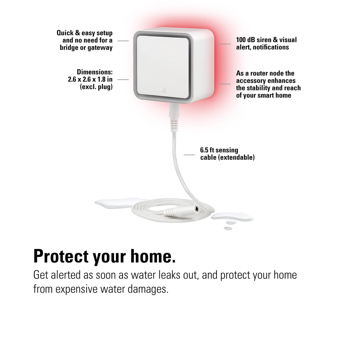 Eve Water Guard - Smart Home Water Leak Detector, 6.5 ft Sensing Cable, 100 dB Siren, (Apple HomeKit), App Notifications, Bluetooth, Thread