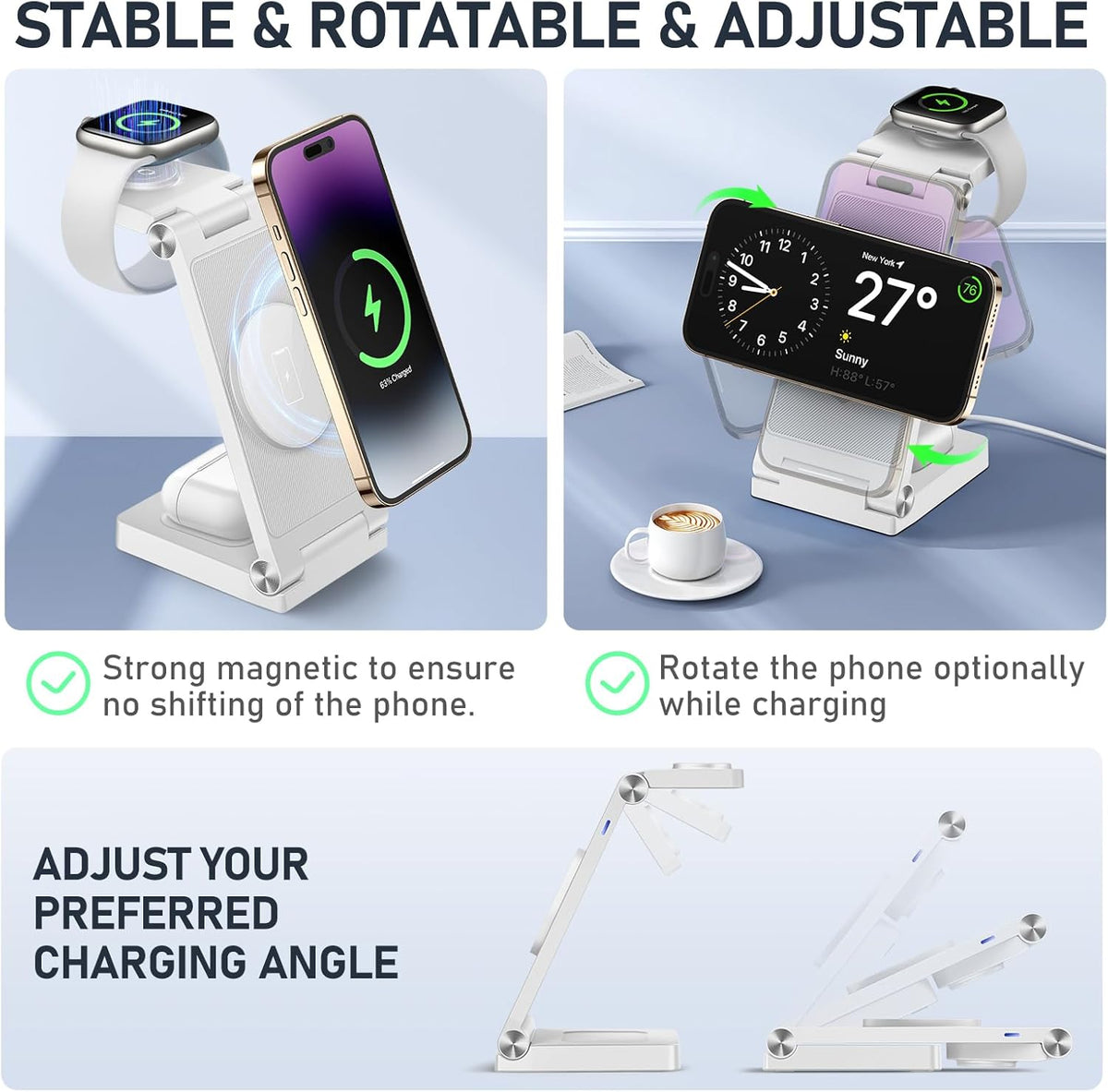 Magnetic Wireless Charger Stand, 3 in 1 Foldable Wireless Charging Station, Travel Charger for Multiple Devices for iPhone 16 15 14 13 12 Series, Apple Watch Ultra/SE/9/8/7/6/5/4/3/2, AirPods