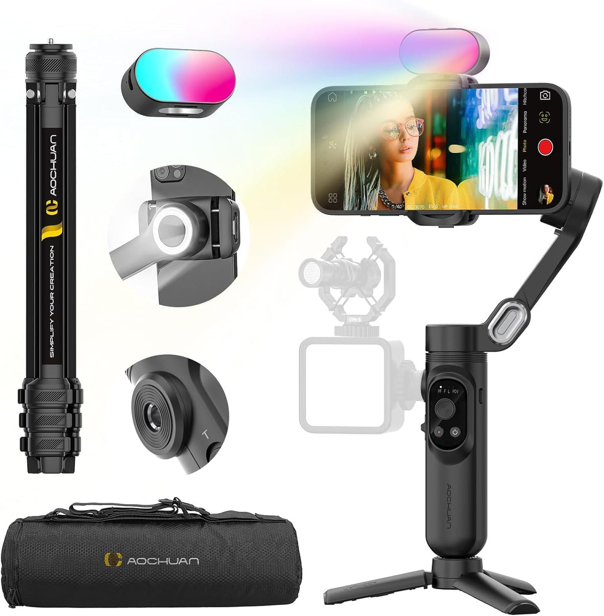3-Axis Gimbal Stabilizer for iPhone & Android w/RGB Light, Handheld Phone Gimbal for Video Recording w/AI Tracking,1/4 Thread, Extendable Tripod, Padded Carry Bag(Smart X Complete Combo1)