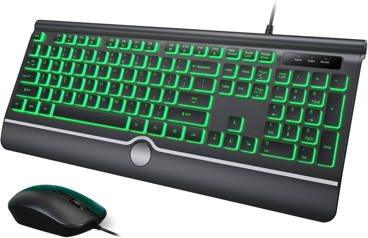 HeengYanson 7-Color Wired Keyboard and Mouse Combo, Backlit Computer Keyboards with Wrist Rest, Light Up Keyboard Easy