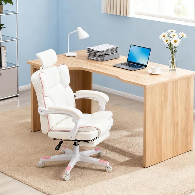 Big and Tall Ergonomic Gaming Office Desk Chair with Footrest &amp Headrest PU Leather Video Game Chairs with Armrests Height Adjustable 360° Swivel Computer Chair for Home Office (White)