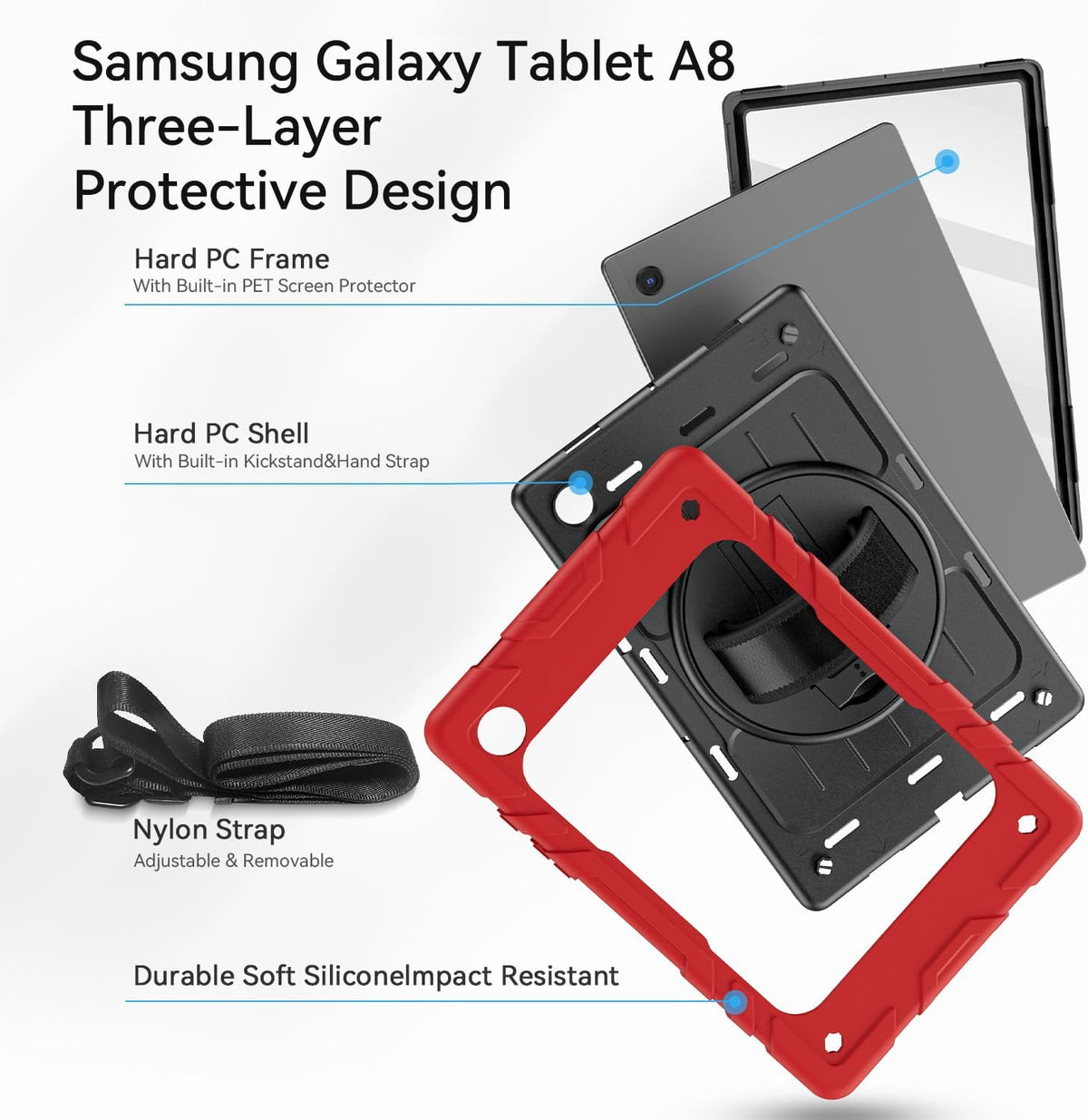 for Samsung Galaxy Tablet A8 Case 10.5 inch 2022 SM-X200/X205/X207 with Screen Protector [360 Rotating Stand] &Hand Shoulder Strap Shockproof Rugged Protective Cover|Red&Black
