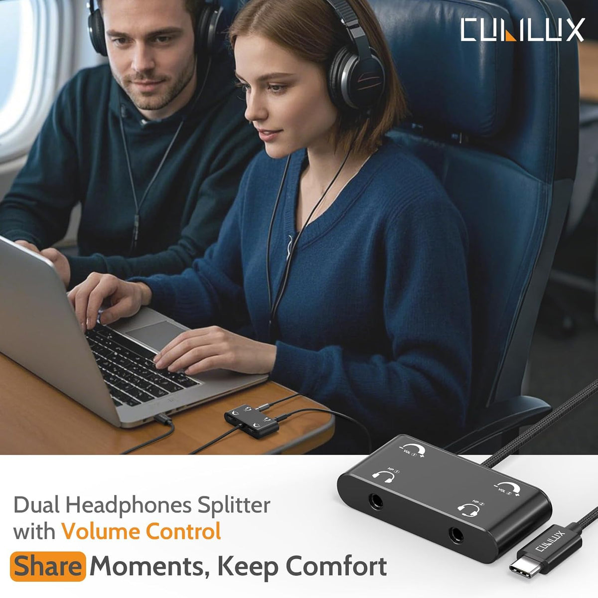 Cubilux USB C Headphone Splitter with Volume Control, Type C to 3.5mm Dual Earphones Audio Splitter for iPhone 15/16, iPad Pro 13/12.9/11, iPad Air 13/5th/4th, Galaxy S25/S24/S23, Pixel 9/8 Pro