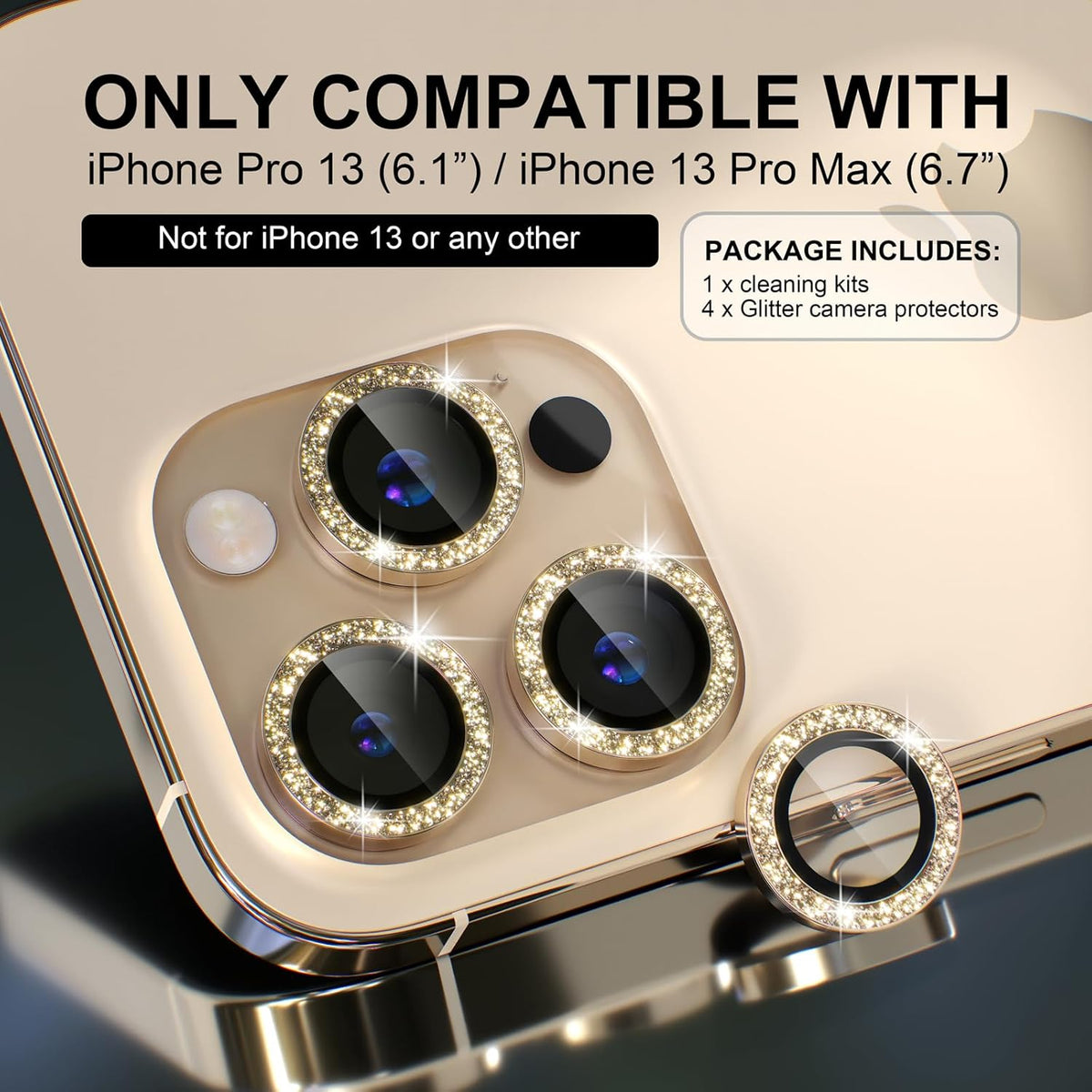 Choiche [3+1 for iPhone 13 Pro/iPhone 13 Pro Max Camera Lens Protector Bling, 9H Tempered Glass Camera Cover Screen Protector Metal Ring Decoration Accessories (Glitter-Gold)