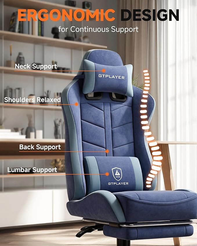 GTPLAYER Gaming Chair with Footrest Computer Gaming Chair for Adults and Kids Height Adjustable Gamer Chair with 90-155° Recline &amp Removable Headrest Lumbar SupportPerformance Fabric Blue