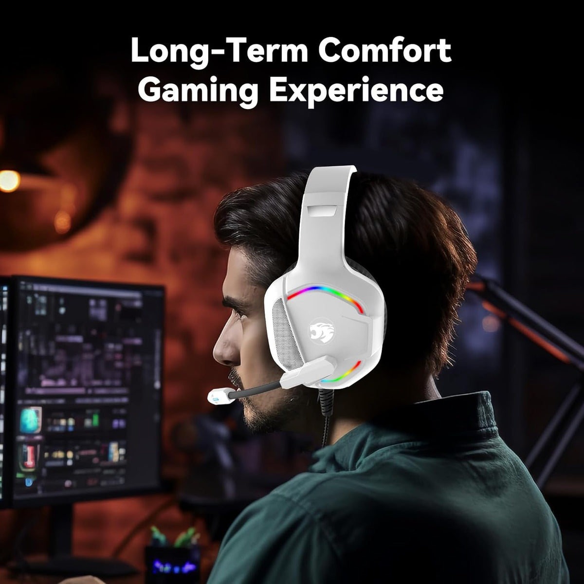 Gaming Headset with Microphone for Pc, Xbox One Series X/s, Ps4, Ps5, Switch, Stereo Wired Noise Cancelling Over-Ear Headphones with Mic, RGB, for Computer, Laptop, Mac, Nintendo, Gamer (White)