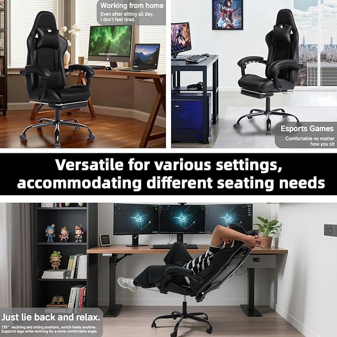 E-Sports Game Desk Chair Ergonomic Computer with Footrest and Comfy Lumbar Support for Adults PU Leather Recliner with Headrest Fixed Up Armrest Height Adjustable with 360° Swivel (Black)