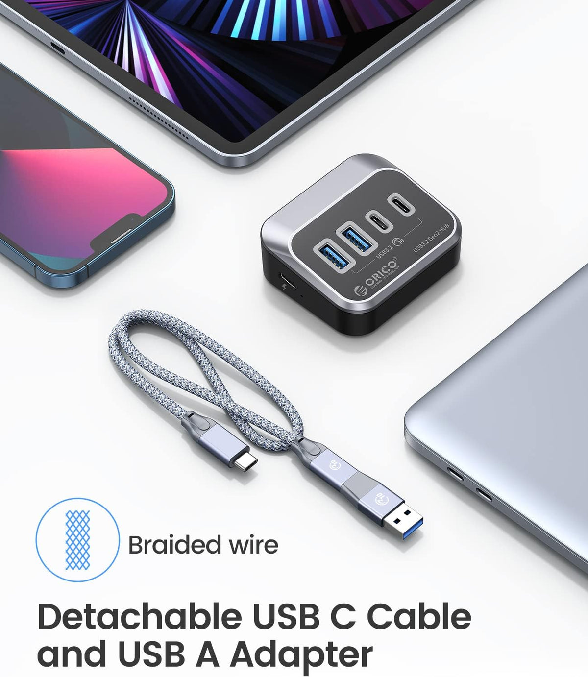 ORICO USB Hub 10Gbps with 2 USB A Ports+2 USB C Ports, USB 3.2 Gen 2 Hub with 1.64Ft USB-C Cable and USB-A Adapter USB Splitter for iMac, MacBooks, Mac Mini
