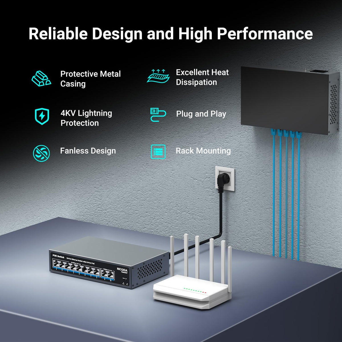 8 Port PoE Switch with 8 Ports 100Mbps PoE+@120W + 2 * Gigabit Uplink Port, NICGIGA 10 Port 802.3af/at Power Over Ethernet Network Switch Unmanaged, VLAN and 250m Extender Mode, Fanless.