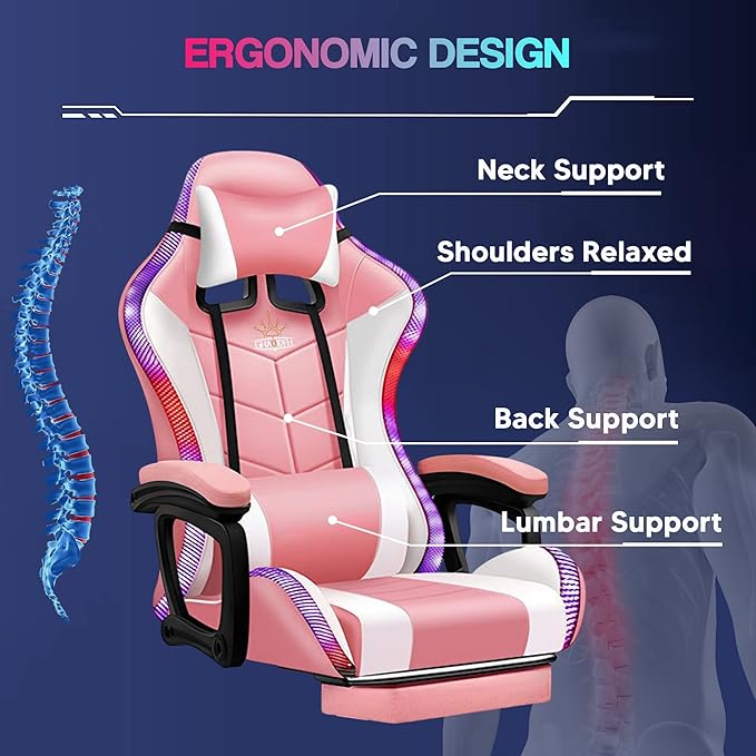 LED Gaming Chair Computer Gaming Chair with Bluetooth Speakers and RGB Lights Full Massager Gamer Chair Swivel Recliner Ergonomic Lumbar Support Video Game Chair for Adults TeensPink