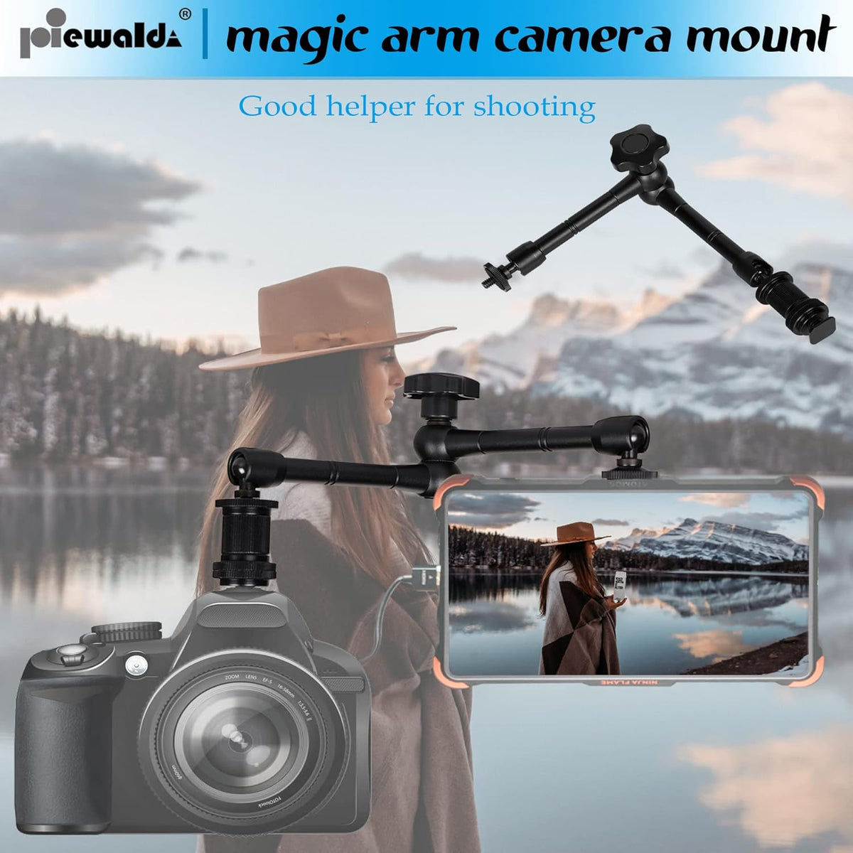 Magic arm Camera Mount ，articulating arm- 11 Inch Metal Adjustable Friction Articulated arm with Super Clamp/Phone Clip, for Various Action Camera/DSLR/LCD Monitor/LED Lights/Cell Phone