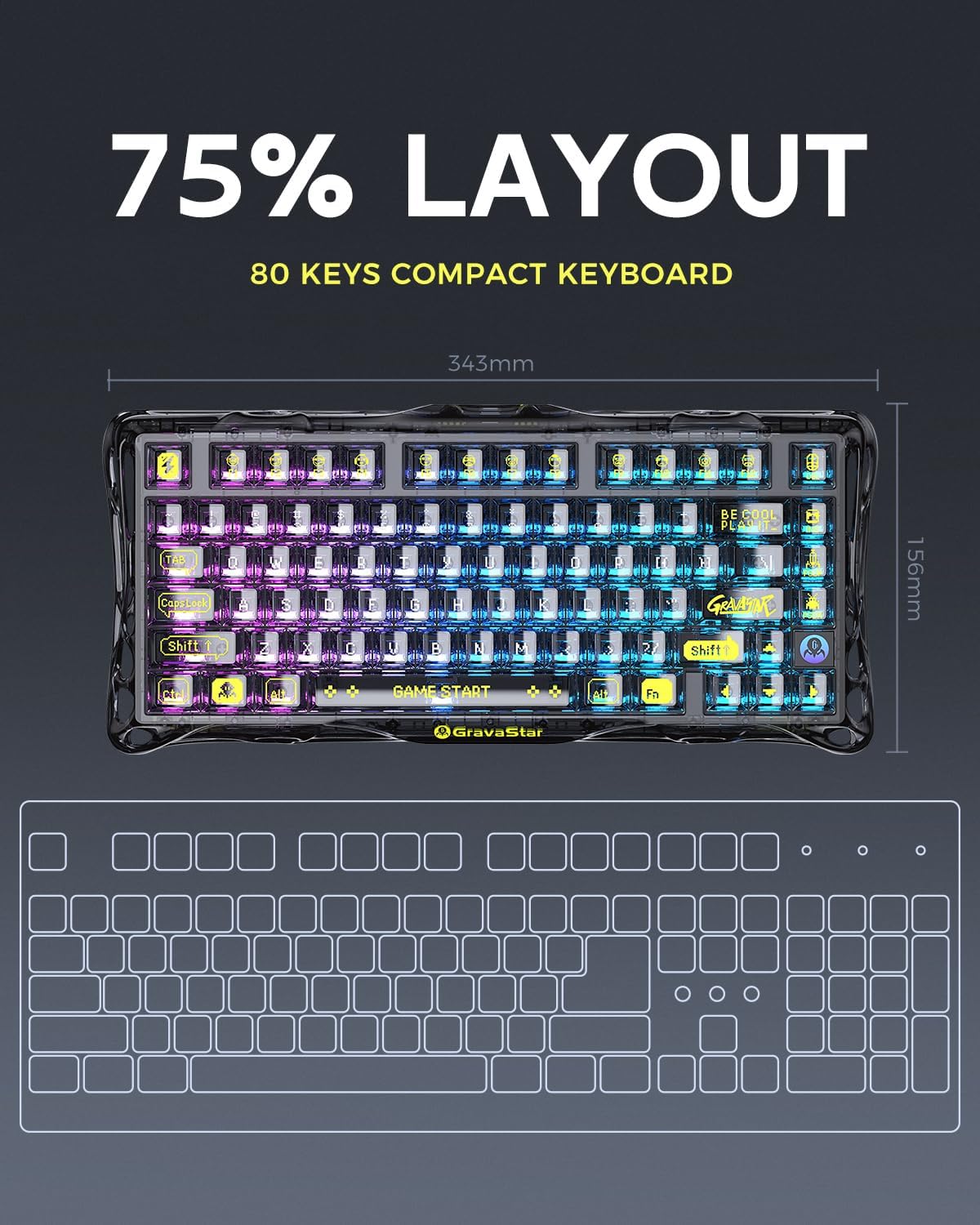 GravaStar Mercury K1 Lite 75% Gaming Keyboard, 2.4GHz/BT/Wired Tri-Mode Wireless Keyboard, Gasket Hot Swappable Mechanical Keyboard, Pre-lubed Linear Switches, RGB Backlit - Transparent Black