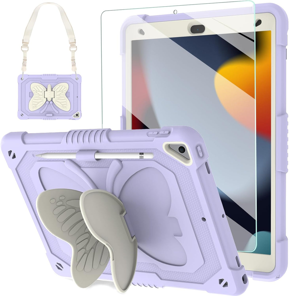 BLOSOMEET Lavender Purple Case for iPad 10.2 Inch with Tempered Glass Screen Protector,iPad 9th/8th/7th Gen Cover with Stand Pencil Holder & Shoulder Strap for Women