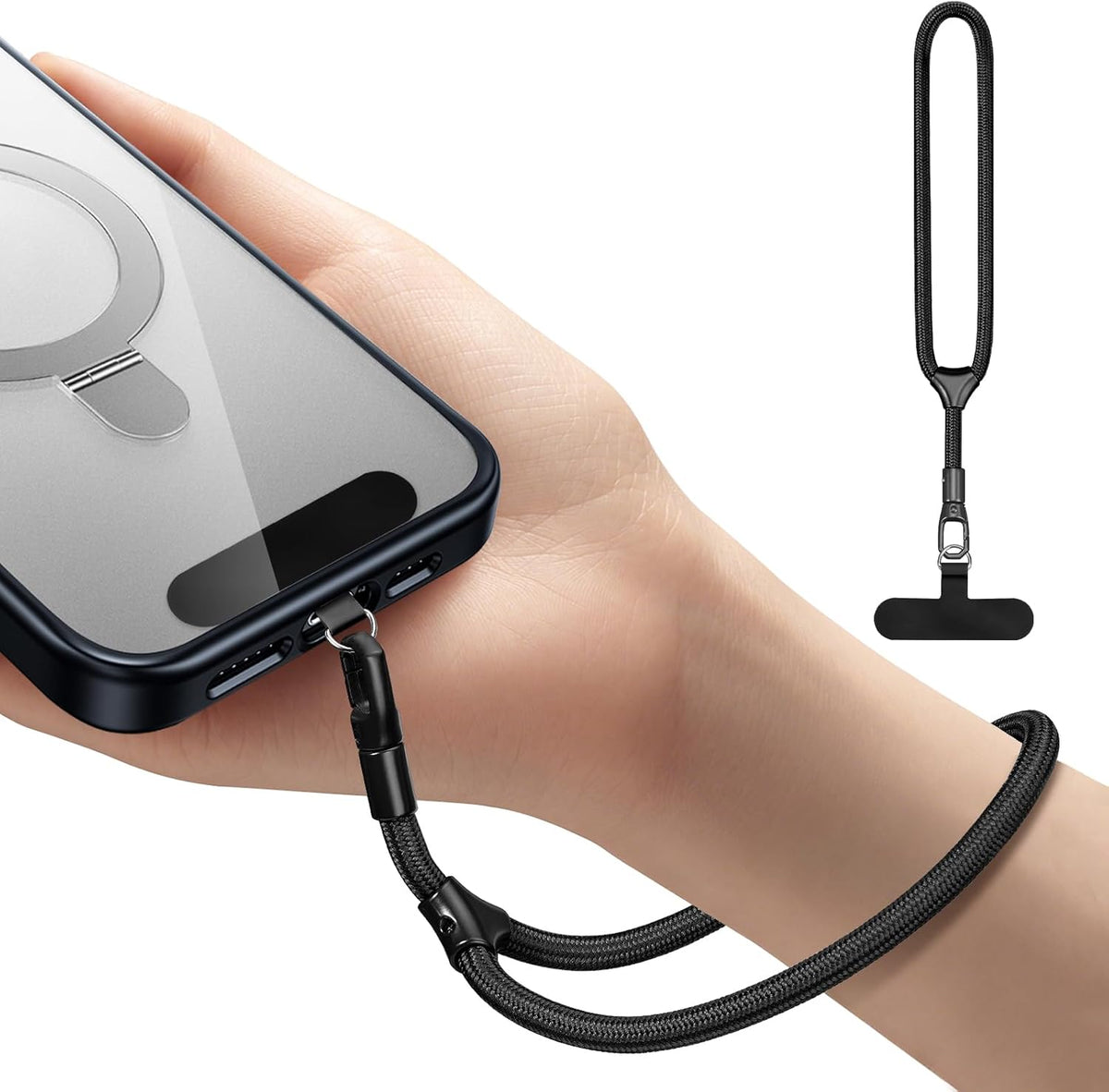 Phone Wrist Strap, Universal Adjustable Hand Wrist Strap Lanyard for iPhone 16 and Most Smartphones, Multifunctional Patch Lanyard with Phone Tether Tab for Women and Men, Black