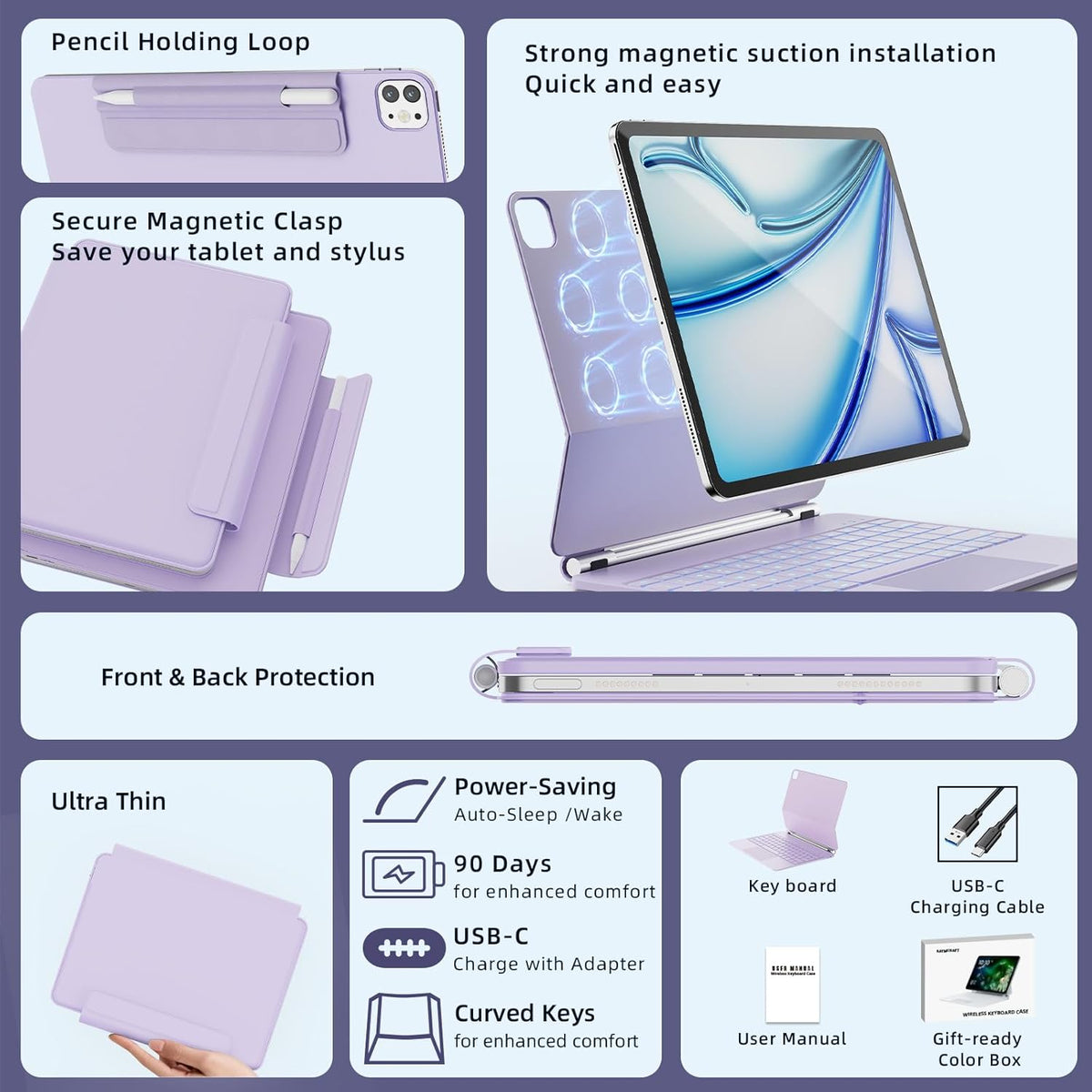 for iPad Air 13 inch Case with Keyboard (M3,2025 / M2,2024), iPad Pro 12.9 (6th/5th/4th/3rd Gen) Magic Keyboard, Springy Backlit Keys, Stain-Resistant Surface, Multi-Touch Trackpad, Purple