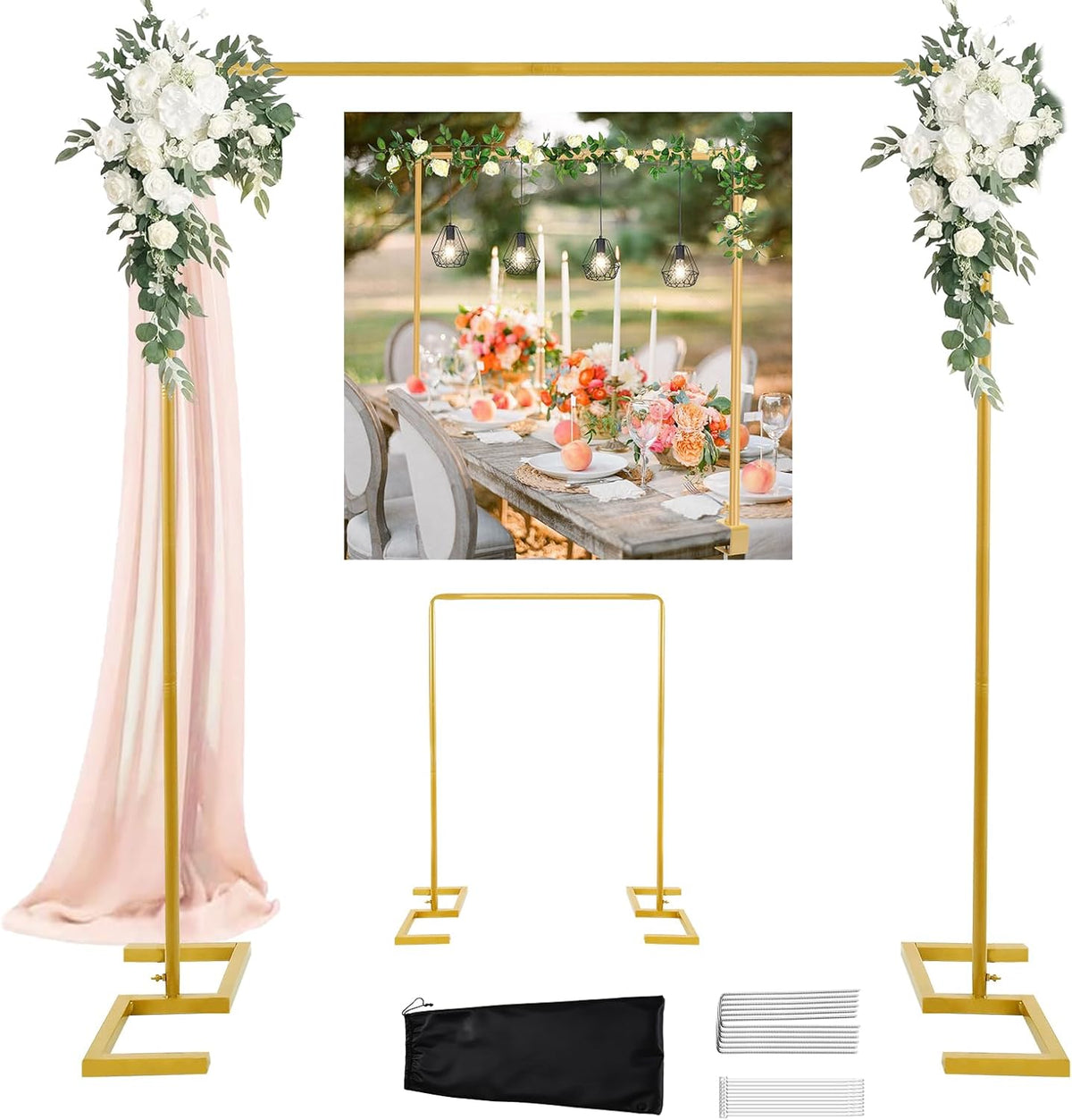 8.2FT 2 Square Wedding Arch Backdrop Stand,Balloon Arch Stand, Metal Gold Backdrop Adjustable Stand Heavy Duty, Extra