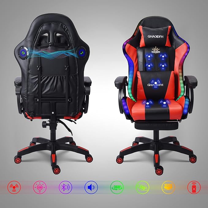 TBQATNTS Ergonomic Gaming Chair with Massage and Speaker Gaming Chair with Footrest Headrest and Lumbar Support Racing Chair with RGB Lights Gaming Chair for KidsGaming Chair for Adults.Red