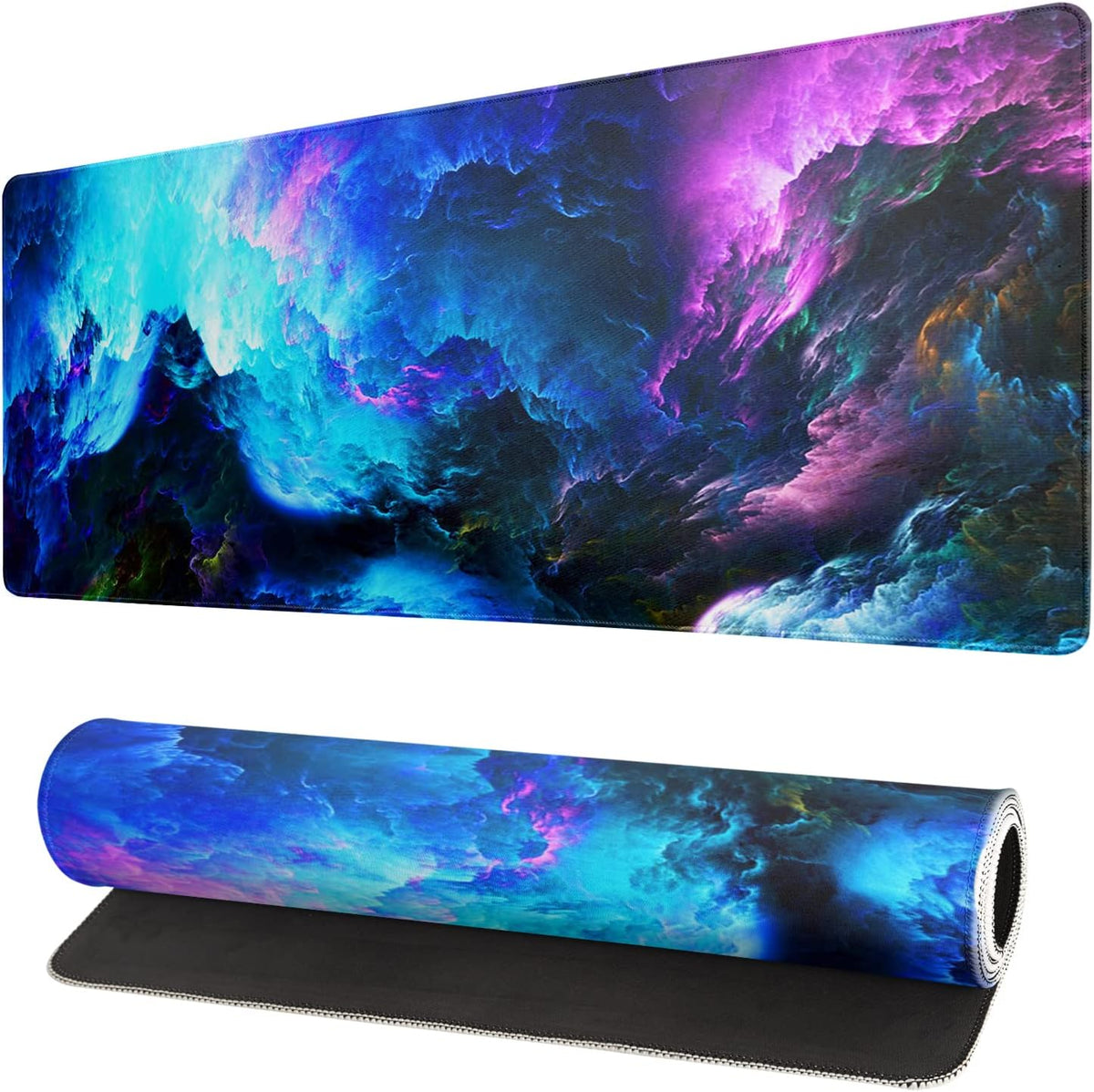 Dazzling Galaxy Gaming Mouse Pad 31.5x11.8 Inch Blue Purple Galaxy Nebula Universe Space Large Mousepad Non-Slip Rubber Base Stitched Edges Keyboard Mouse Mat Desk Pad for Office Home and Game