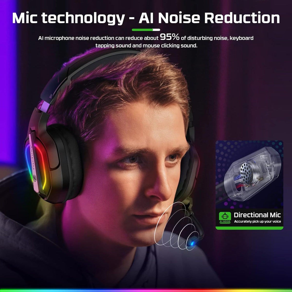 FC200 Foldable Gaming Headset for PS4, PS5, PC, Xbox, Switch - Wired Gaming Headphones with ENC Mic && RGB Light