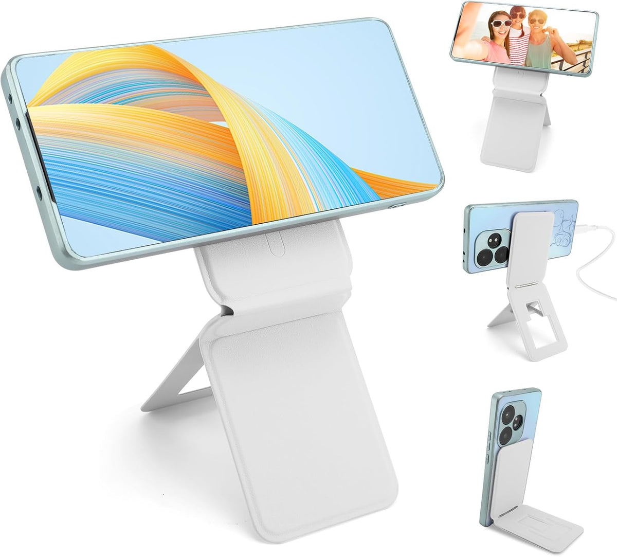 Phone Stand, Foldable Magnetic Phone Tripod, Angle Adjustment & Strong Magnets PU Leather Phone Stand, Compatible with All Smart Phone 16/15/14/13/12 (White)