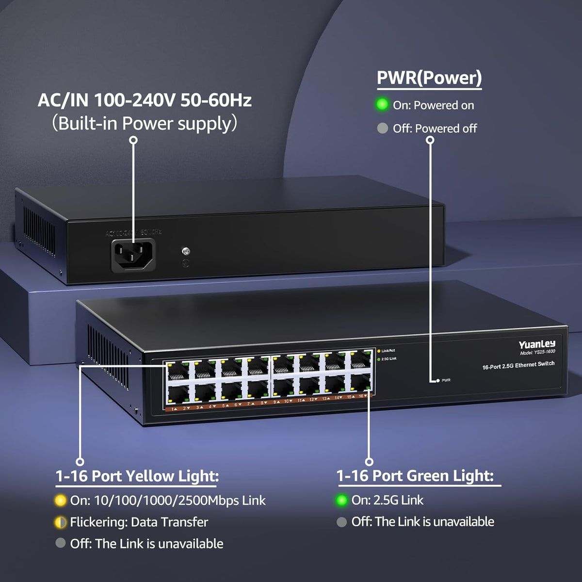 YuanLey 16 Port 2.5GB Umanaged Ethernet Switch, 16 x 2.5G Base-T Ports, Compatible with 100/1000/2500Mbps, Metal Fanless, Desktop/Rack Mount YuanLey 2.5 Gigabit Network Switch for Wireless AP, PC