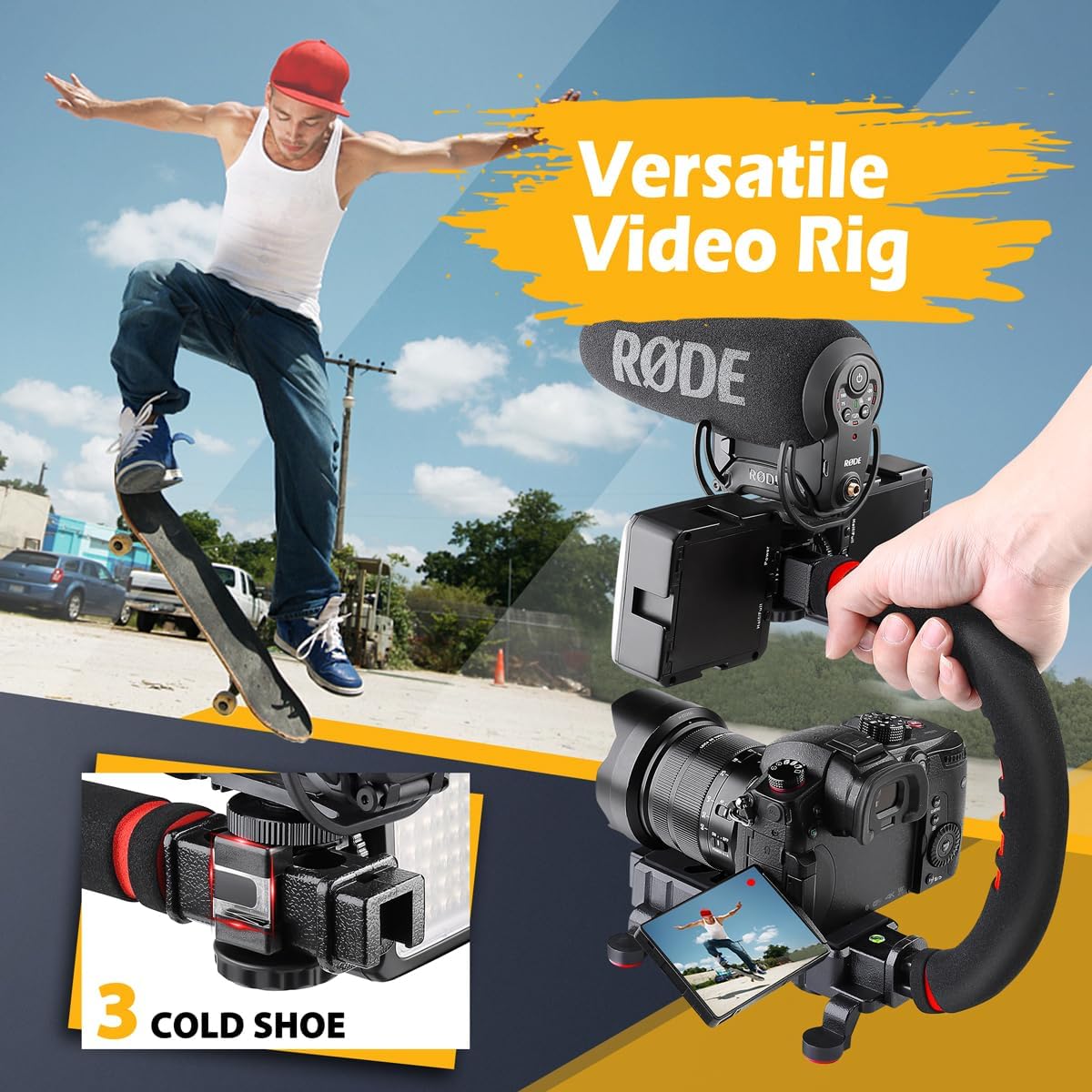 Camera Smartphone Stabilizer, Handheld Video Rig Grip with Carrying Case, Fits for All Camera, Camcorder, Action Camera, DSLR and All iPhone and Android Smartphones