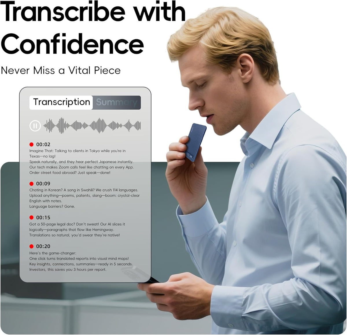AI Voice Recorder, Parkuetechno Voice Recorder with Case, App Control, Transcribe & Summarize with AI Technology, 64GB Memory, Supports 140 Languages, Audio Recorder for Phone Calls Lectures