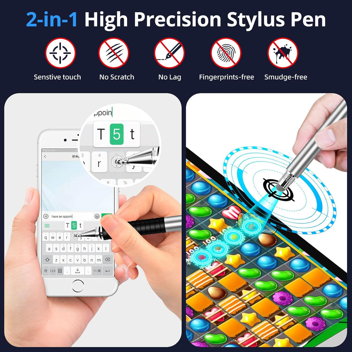 Capacitive Stylus Pen (4Pack,2 in 1 Precision Series), Fibre Tips Universal Touch Screens Stylist, Fine Point Disc Touchscreen Pencil Compatible for iPhone/iPad/Android/Tablet
