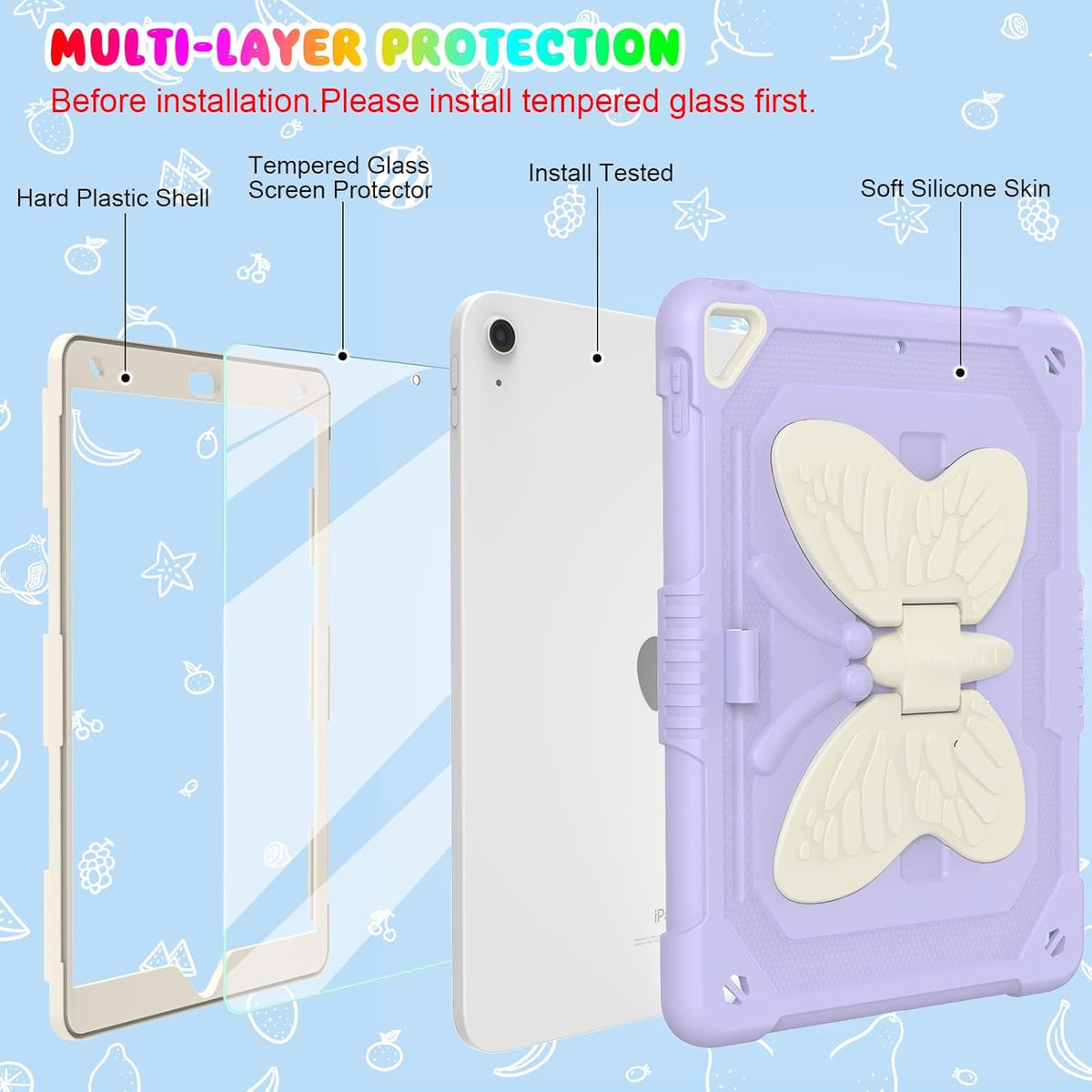 BLOSOMEET Lavender Purple Case for iPad 10.2 Inch with Tempered Glass Screen Protector,iPad 9th/8th/7th Gen Cover with Stand Pencil Holder & Shoulder Strap for Women