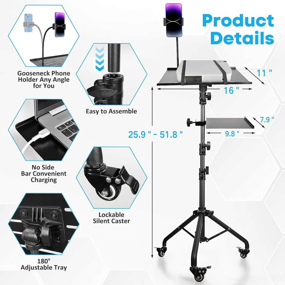 Portable Laptop & Projector Stand with Phone Holder and Mouse Tray ，Adjustable Height Tripod Stand for Laptop, Projector, DJ, Sheet Music，Black