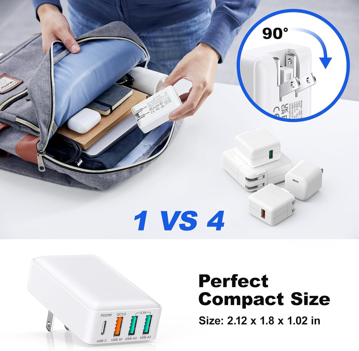 Flat USB Wall Charger, Excgood 40W 4Port USB and USB C Fast Charging Block PD+QC Foldable Wall Plug Power Adapter Multiports for iPhone 16 15 14 13 iPad Galaxy S24 A54 Android Watch Earbuds-3Pack