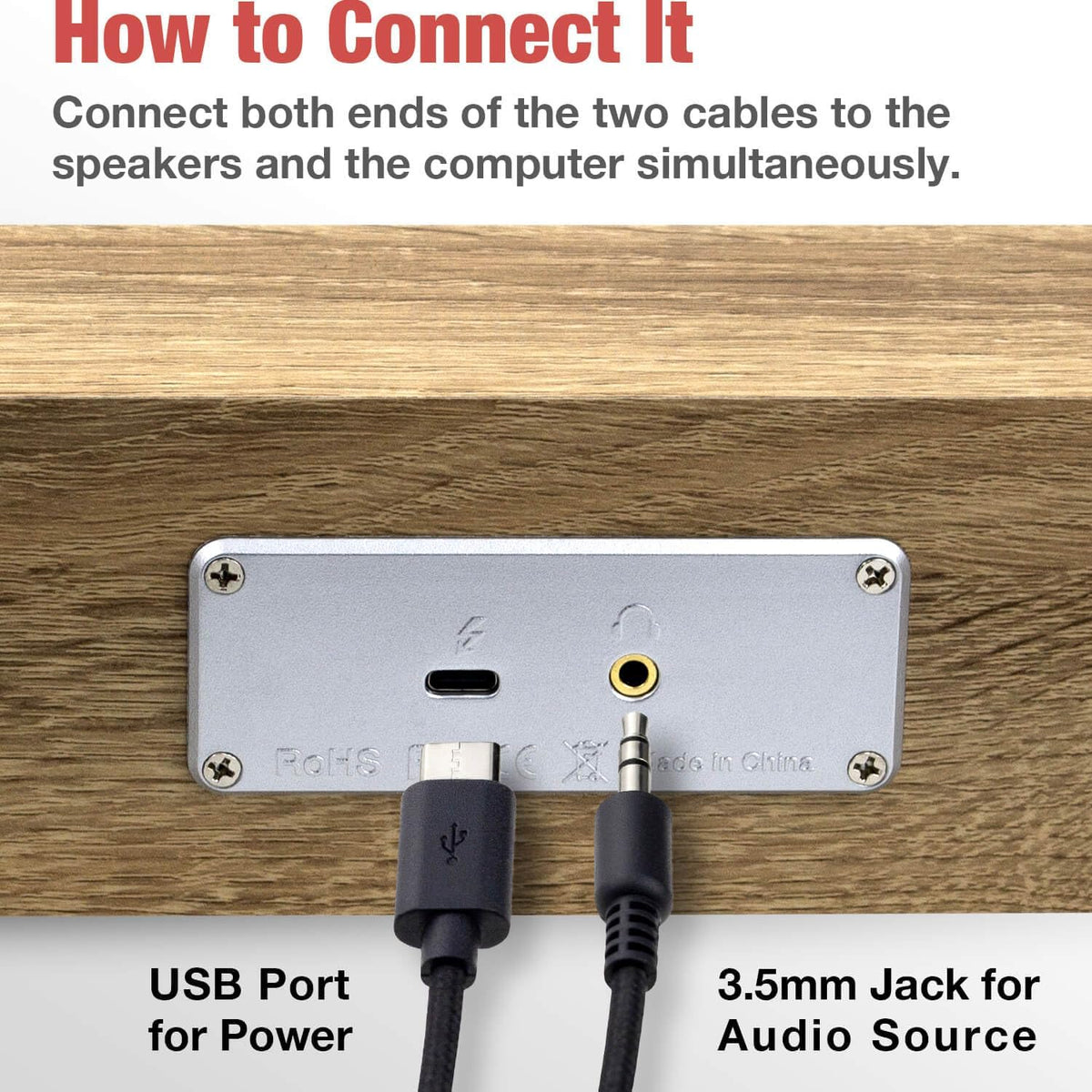 MICA Computer Speakers, Wired Computer Sound Bar, Wooden Mini Soundbar, USB Powered PC Speakers 3.5mm AUX & PC Input (Yellow)