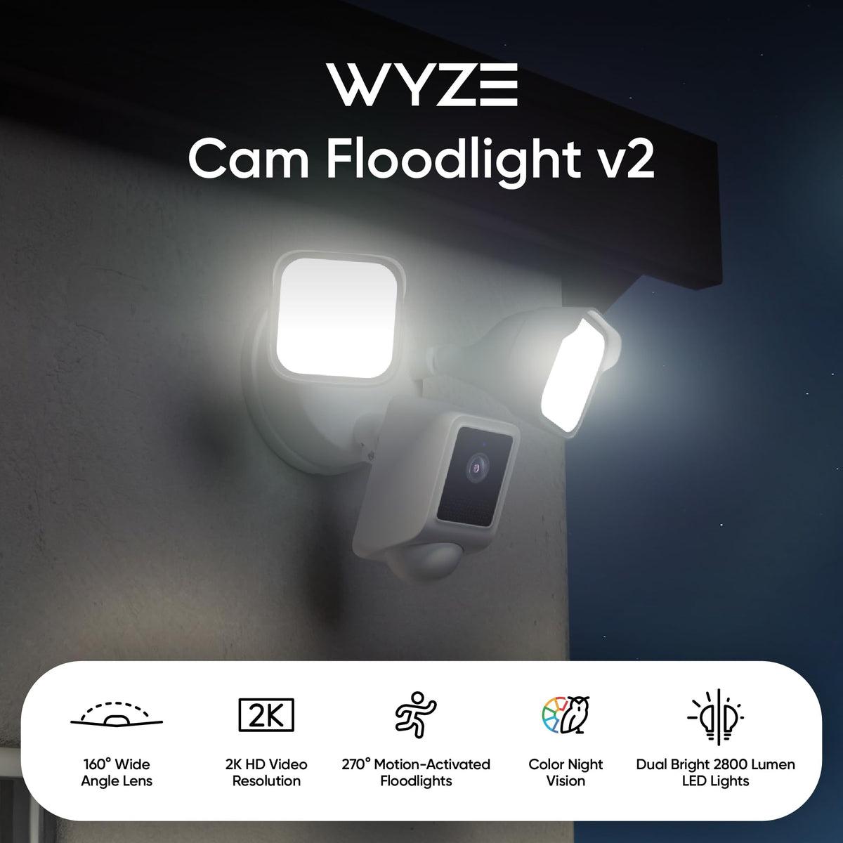 WYZE Floodlight Camera v2, Security Camera Outdoor, 2K HD with Color Night Vision, 2800-Lumen LEDs, 160° Wide View, 105dB Siren, Works with Alexa