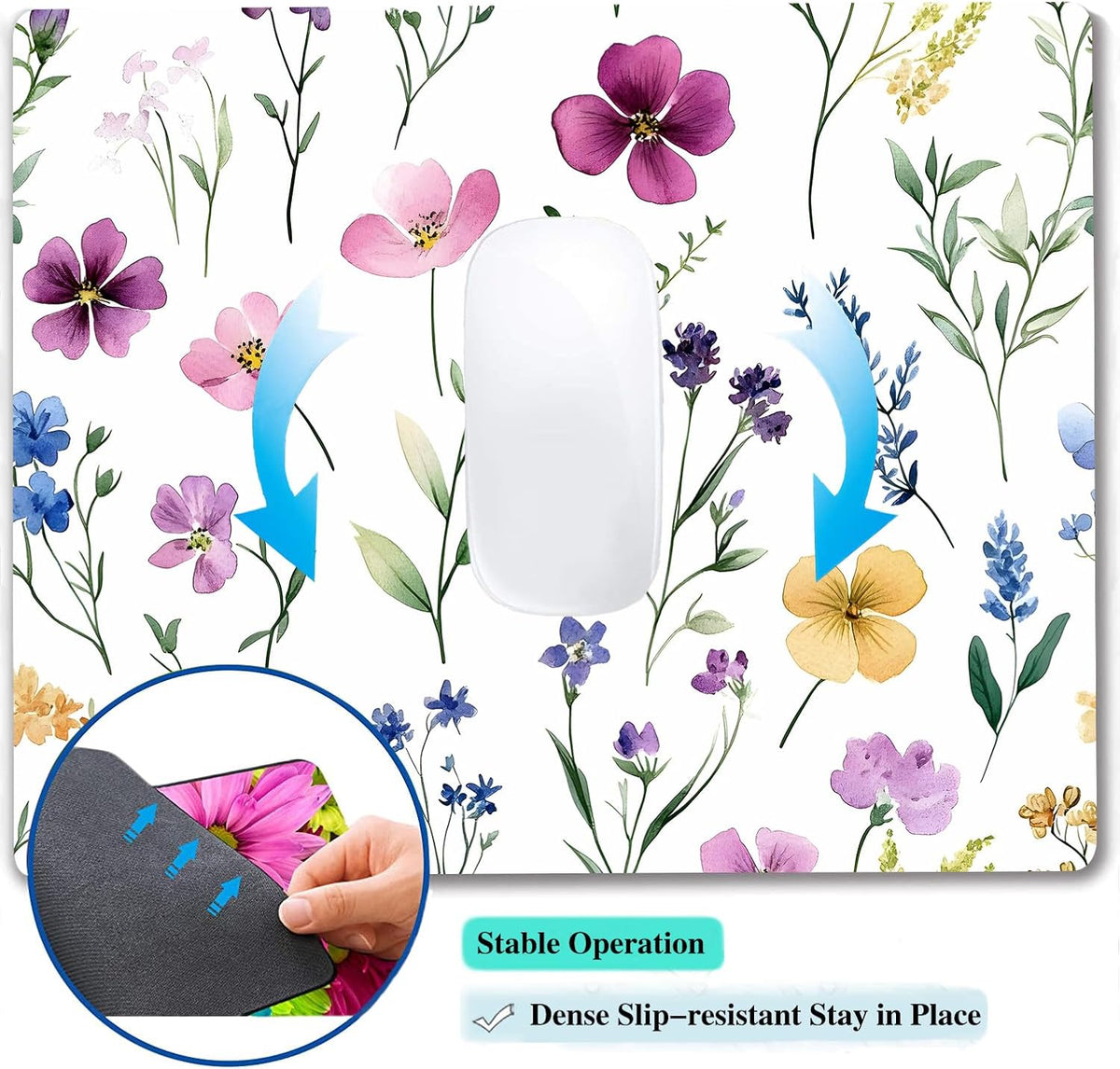 Watercolor Flower Wildflowers Floral Custom Mouse Pad with Non-Slip Rubber, Small Square Design for Wireless Laptop & Computer Mouse Pads for Desk, 9.5 x 7.9 inch Smooth Surface for Gaming & Office