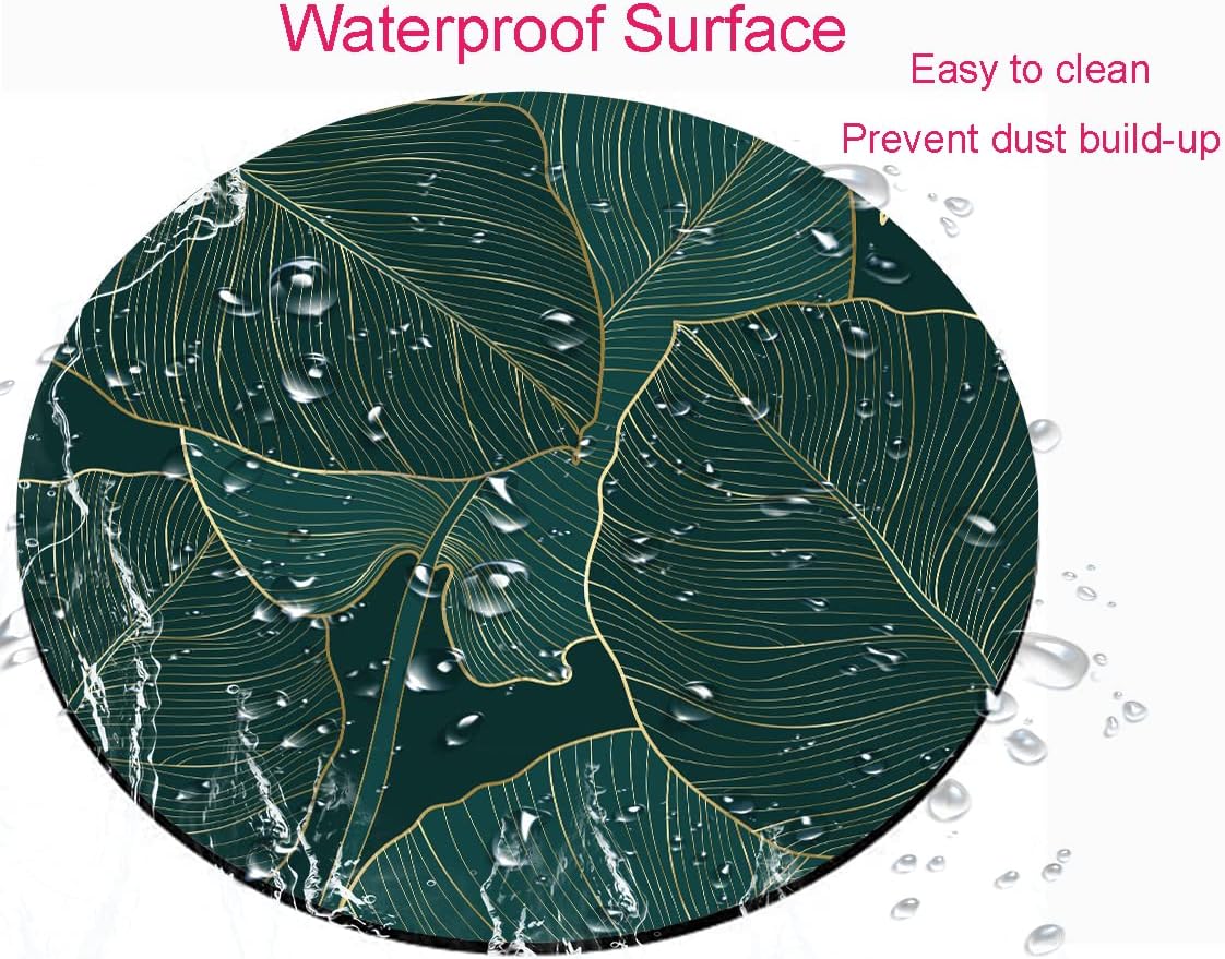 Mouse Pad, Round Computer Mouse Mat with Design, Non-Slip Rubber Base Small Mousepad, Waterproof Office Mouse Pads, Green Tropical Leaves