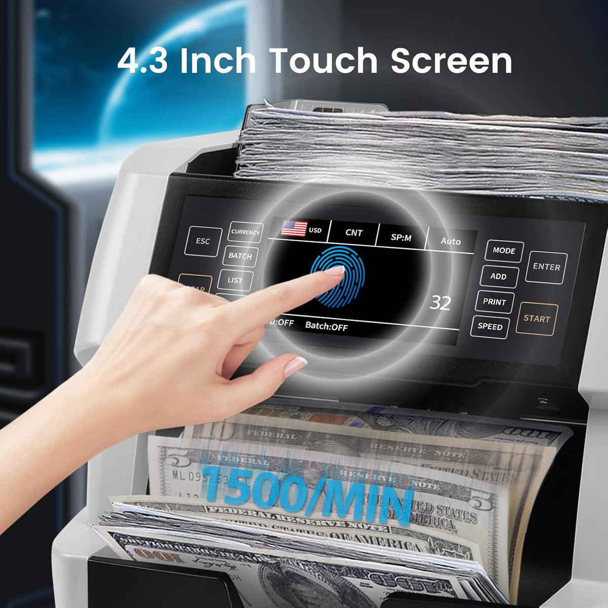 NUCOUN VC-3 Mixed Denomination Money Counter Machine, Value Counting, CIS/UV/IR/MG/MT Counterfeit Detection, USD/Euro/CAD/MXN, Printer Enable, White Cash Note Counter, Bill Counter for Business