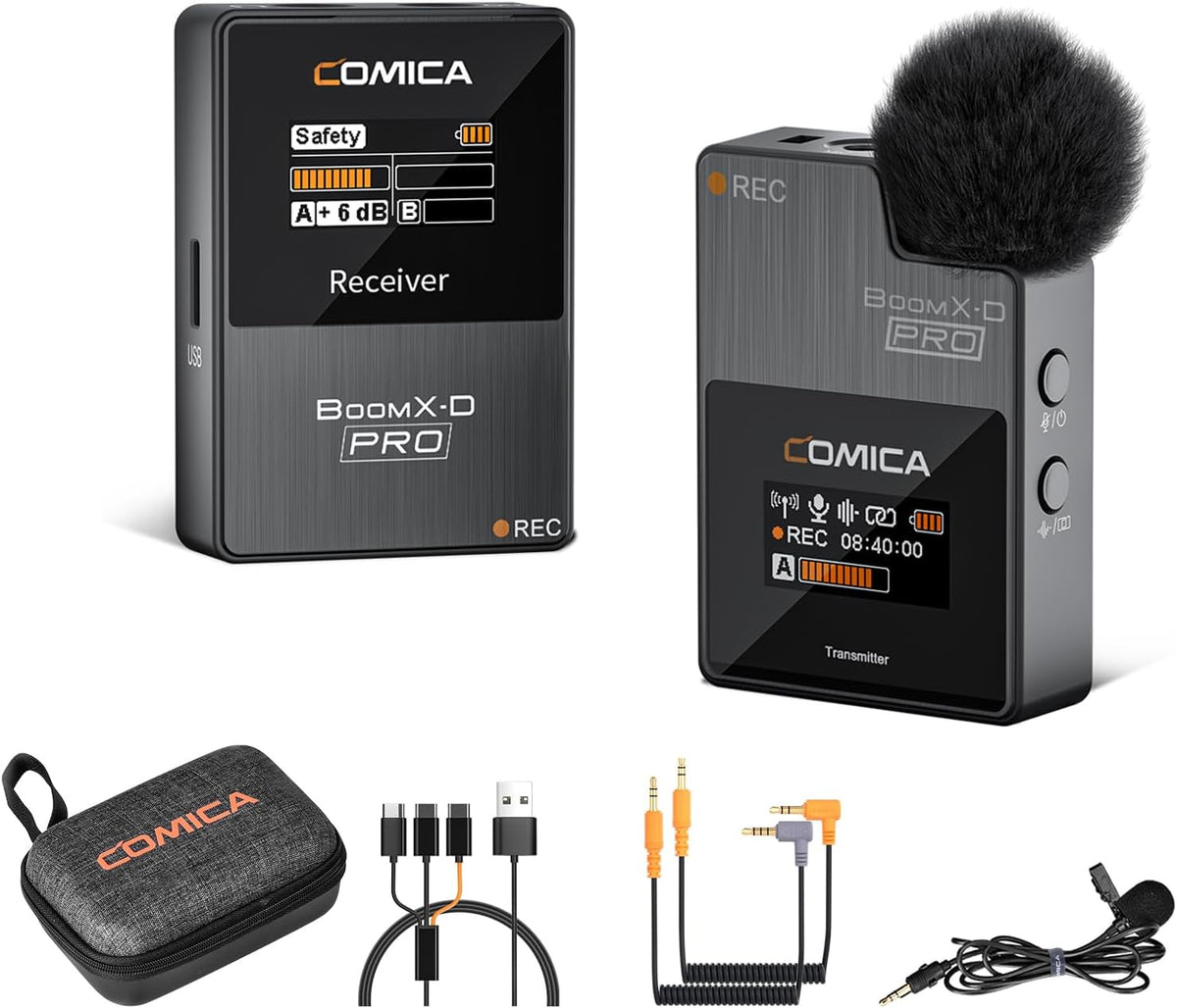 COMICA BoomX-D1 PRO Wireless Lavalier Microphone, 16GB Storage, Safety Audio Track, Noise Cancellation, 328' Range, Wireless Lav Mic for iPhone, Android, PC Interviews, Vlogs, Live-Streaming(1TX+1RX)