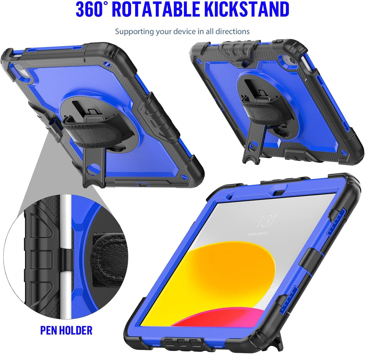 BLOSOMEET Case for iPad A16 11th/10th Generation 11''/10.9'' 2025/2022 with Tempered Glass Screen Protector & Pencil Holder, Rugged Military Grade Cover w/Stand Hand Shoulder Strap, Blue