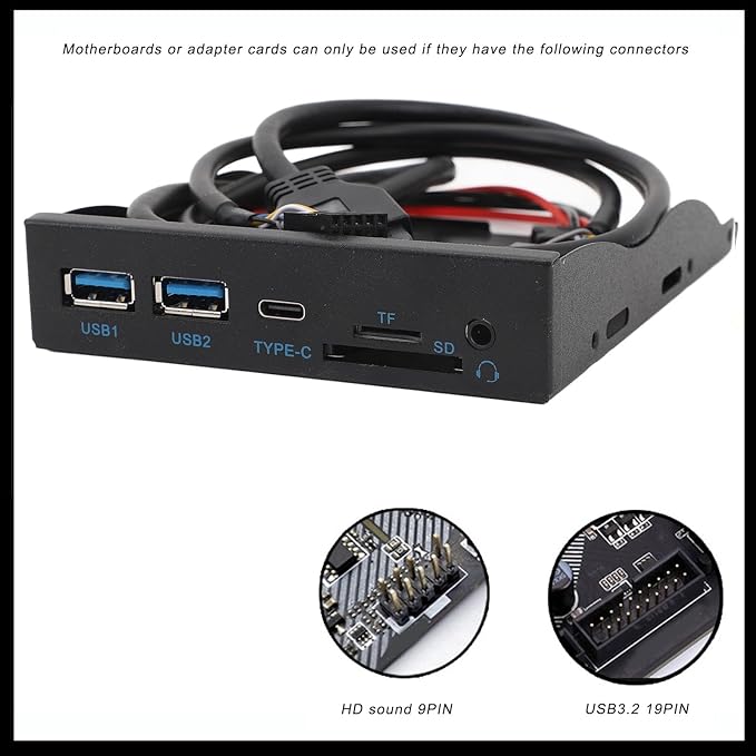 Front Panel USB 3.0 Hub 3.5 Inches USB Hub Front Panel 19PIN to C Port with 2xUSB3.0 1xTYPE C HD Sound SD Card/TF Card Reader for OS X Linux