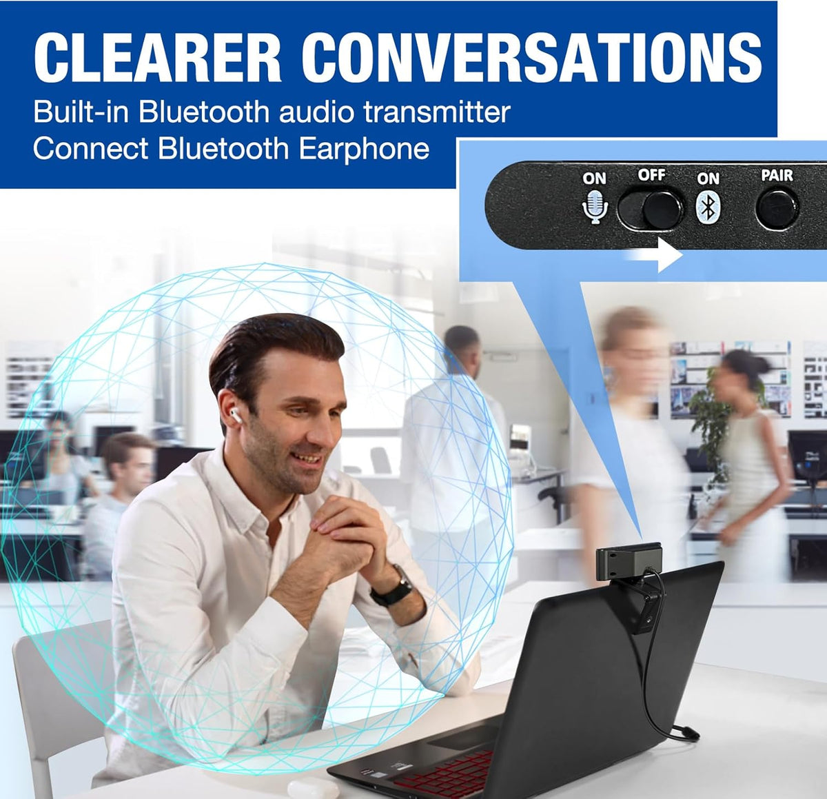 1080P Webcam with Mics, Auto Light Correction, USB Plug&Play, Privacy Cover, Computer Webcam Connect Bluetooth Headset/Earphone/Speaker, Full HD for Business Meetings & Live Streaming