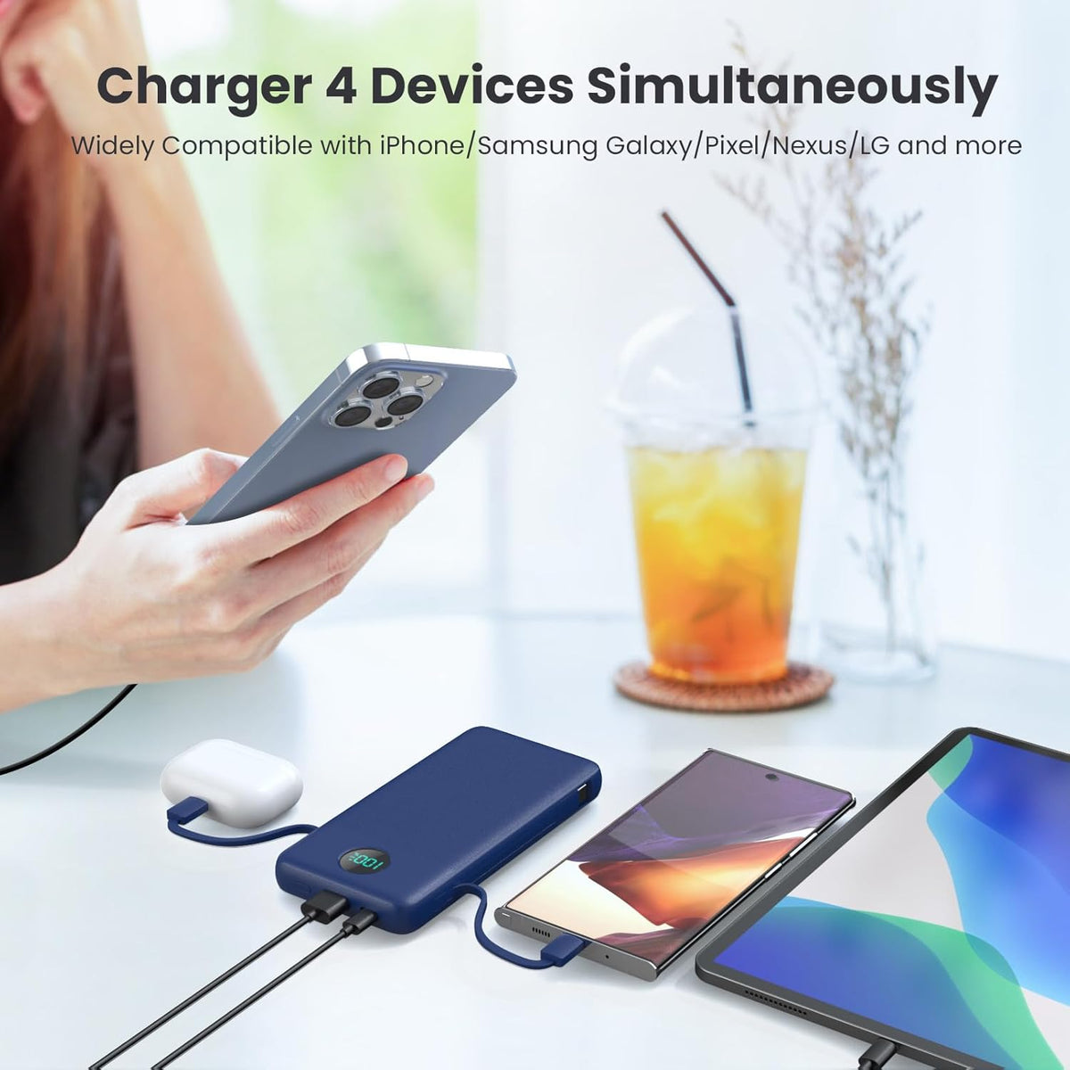 Portable Charger 13800mAh Slim USB C Power Bank with Built in Cables and Wall Plug,LCD Display Lightweight Travel Battery Pack,PD Fast Charging Compatible with iPhone 15,14,Samsung Android-Navy