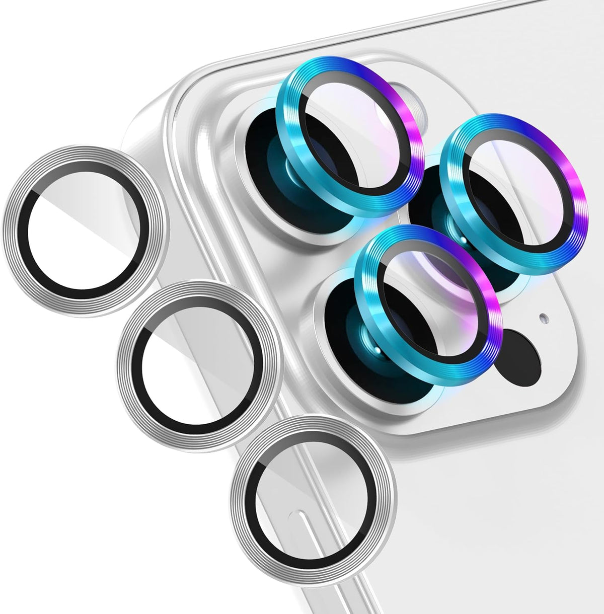 AGVEE 3+3 Camera Lens Protector for iPhone 15 Pro 6.1" / 15 Pro Max 6.7", Brushed Metal Ring 9H Tempered HD Glass Camera Protector Cover Film, Silver
