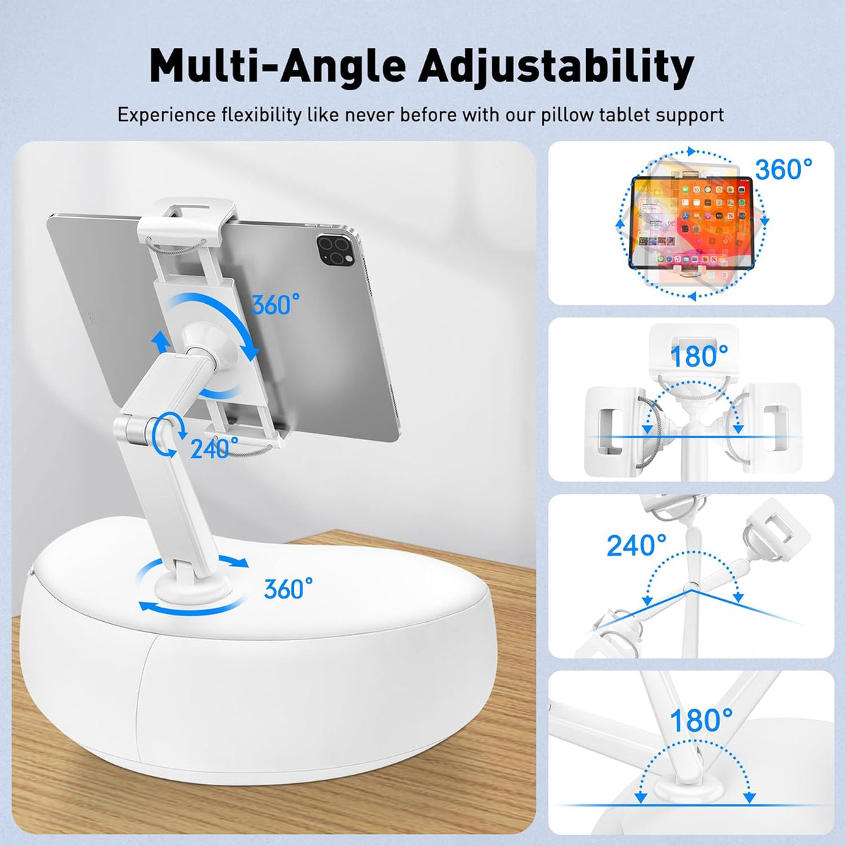 AboveTEK Tablet Pillow Stand for Bed, Hands-Free 360° Adjustable iPad Pillow Holder for Lap Reading w/Soft Bean Bag, Ideal Gift for Mom, Fits 4.7" to 12.9" Tablet, Phone, Kindle, White