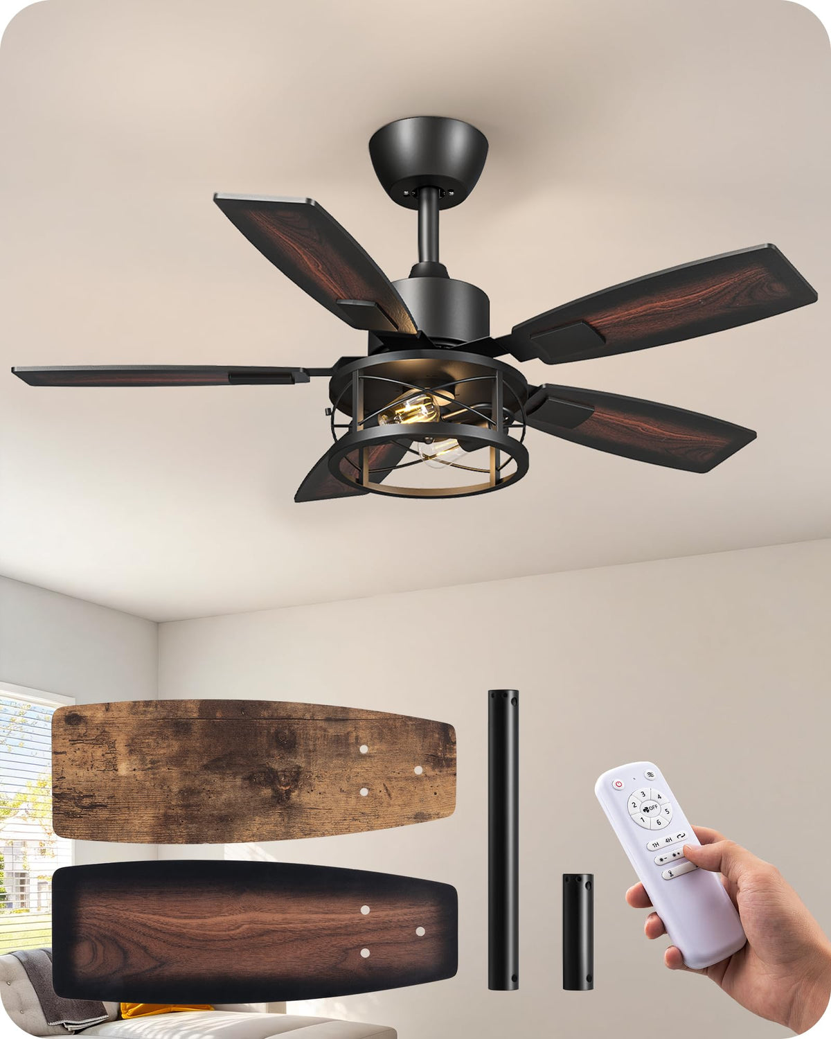 EDISHINE 42 Farmhouse Ceiling Fans with Lights and Remote, 10%-100% Dimmable, Reversible DC Motor, 6 Speed, 5 Wooden Blades, Tim