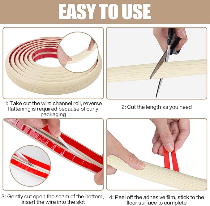 Floor Cord Cover Self Adhesive Cord Hider,10FT Cable Management, Extension Strip Protector for Wires, Prevent Cable Trips for Offices, Gyms, Exhibitions Cavity:0.51"(W) x 0.3"(H) Yellow Wood