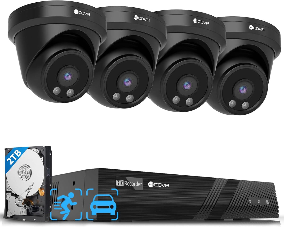 4COVR Security Camera Outdoor System, Person Vehicle Detection & Night Vision, 4Pcs 5MP Wired Dome IP Camera with Audio IP67 Home Weatherproof, 8CH 8MP H.265 NVR with 2TB HDD, LY97AB5M0804